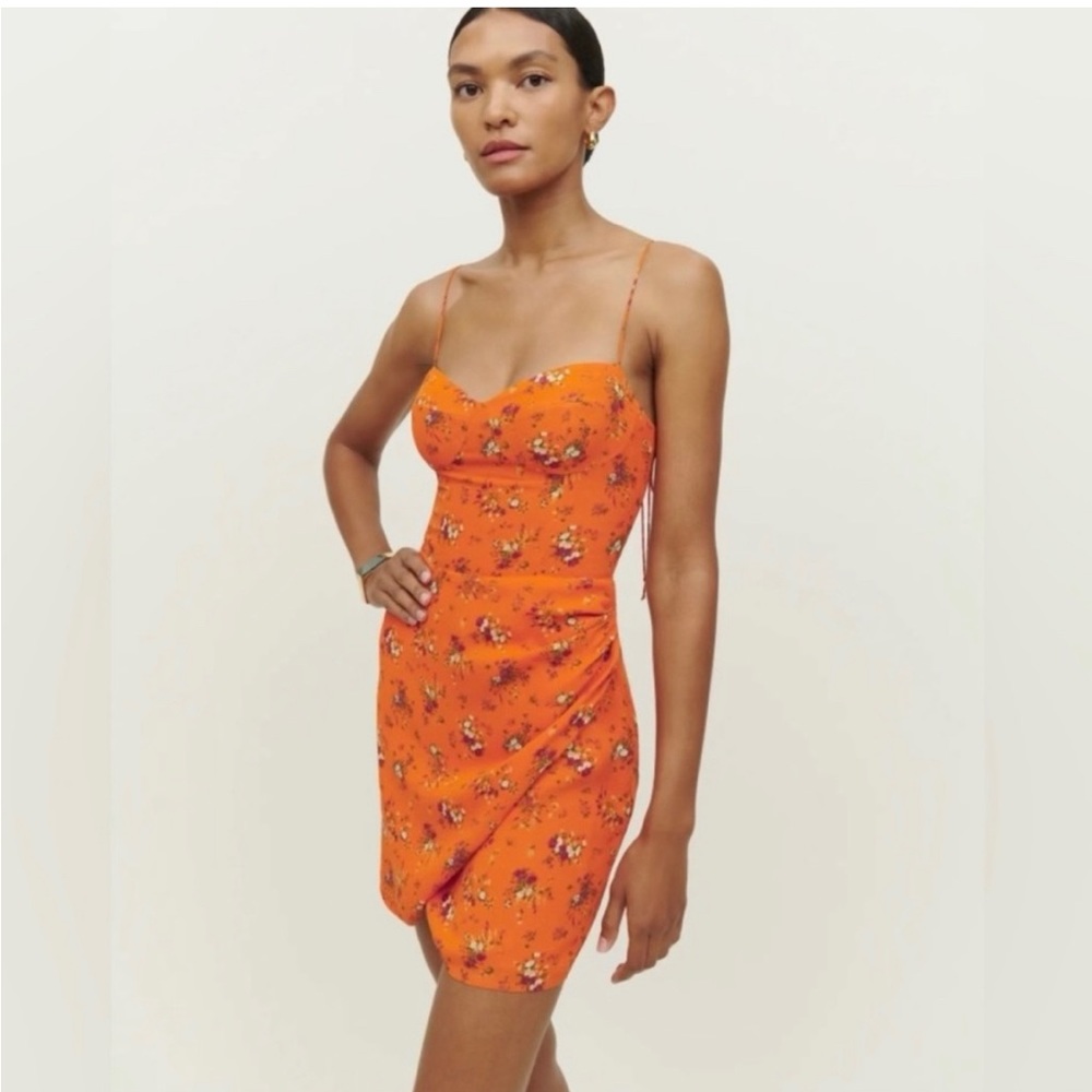 NWT Reformation Saoirse Orange Floral Tie Shoulder Mini Dress 12
